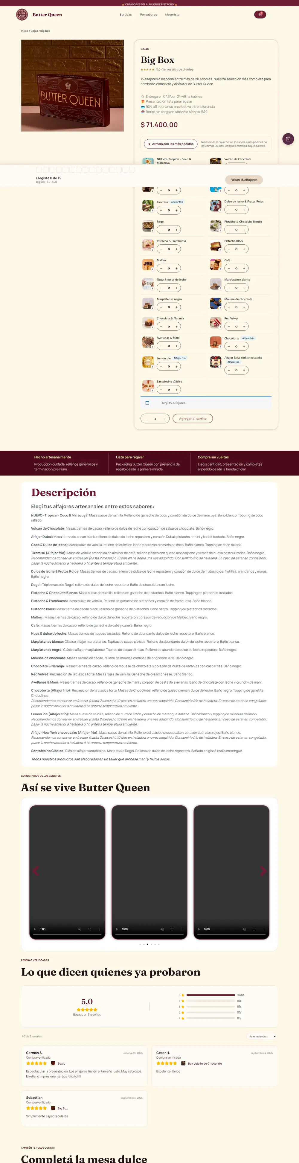 Ficha de una caja de la tienda de Butter Queen en escritorio (captura del 25/10/2026)