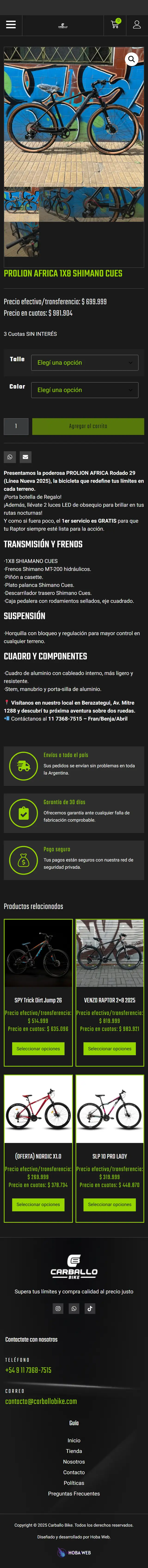 Ficha de producto de la tienda de Carballo Bike en celular (captura del 25/10/2026)