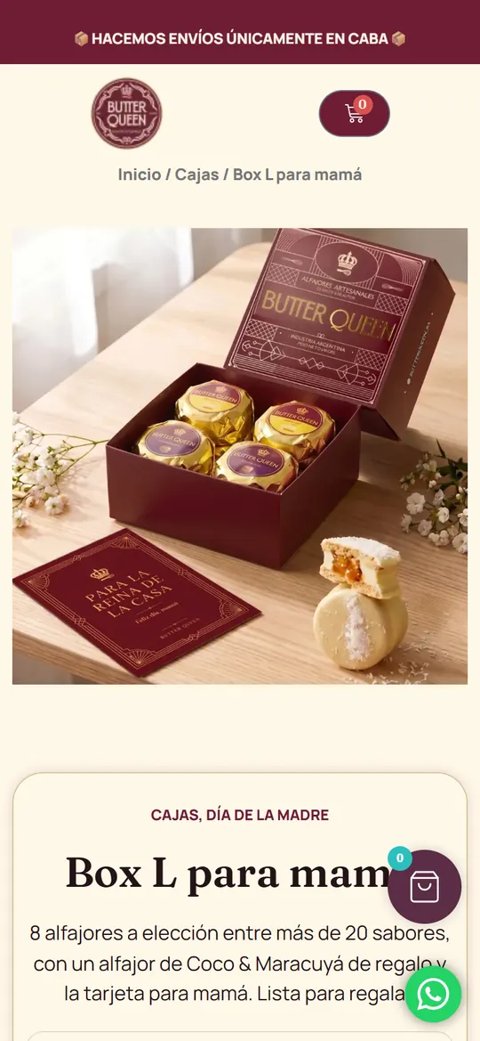 Ficha de producto de la tienda de Butter Queen en un celular