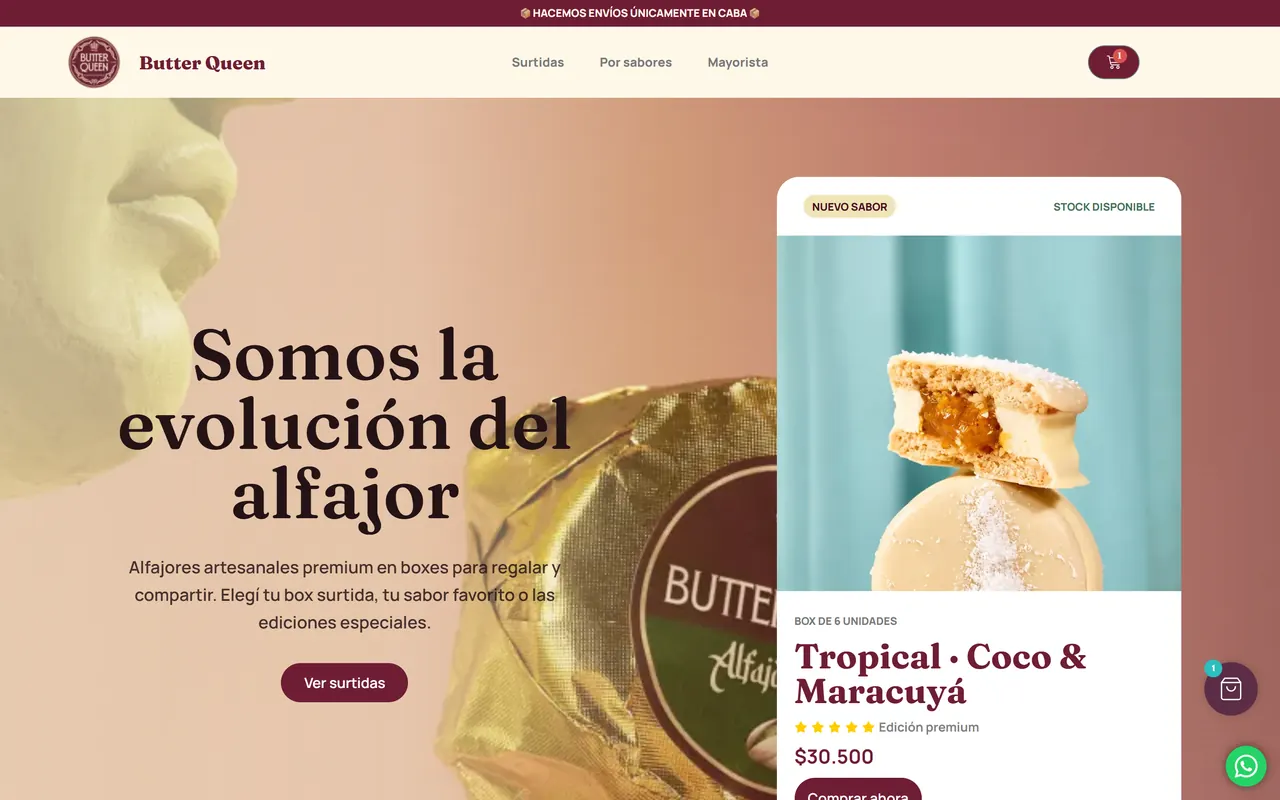 Home de la tienda online de Butter Queen en una laptop